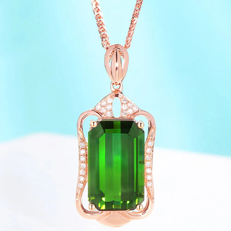 6 Carats Green Crystal Emerald Pendant Necklace Rose Gold Filled Jewelry