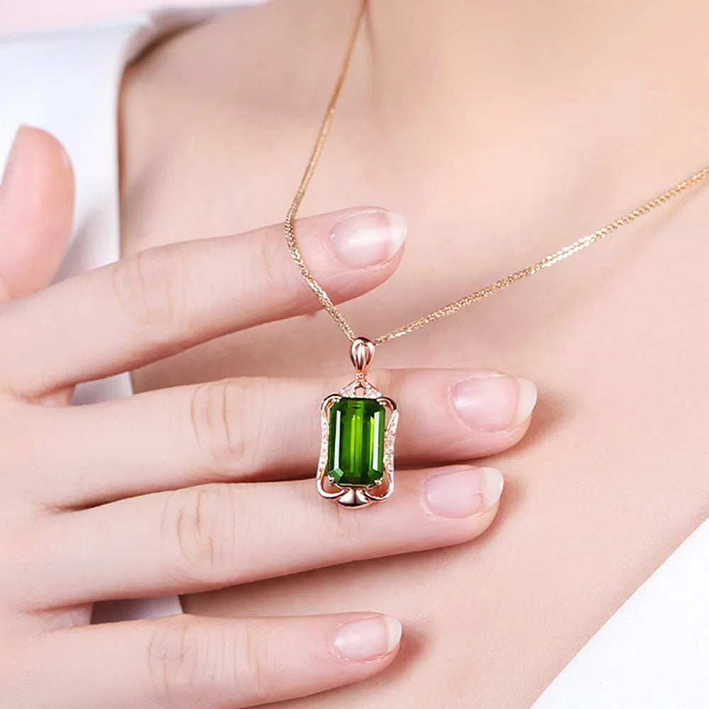 6 Carats Green Crystal Emerald Pendant Necklace Rose Gold Filled Jewelry