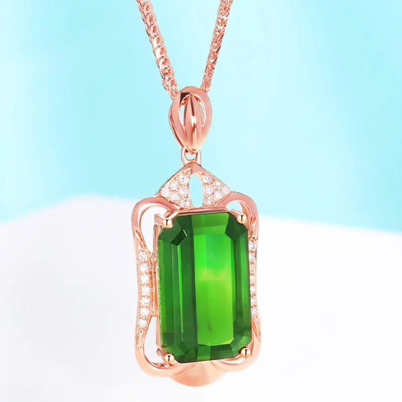 6 Carats Green Crystal Emerald Pendant Necklace Rose Gold Filled Jewelry