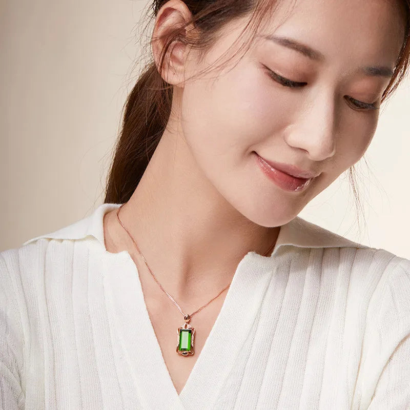 6 Carats Green Crystal Emerald Pendant Necklace Rose Gold Filled Jewelry