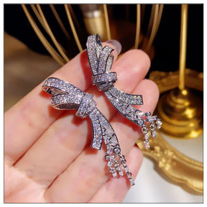 925 Silver Bowknot Diamond Dangle Earrings for Women