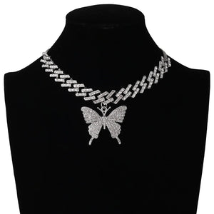 Butterfly Necklace Cuban Link Chain Rhinestone Choker Y2k Jewelry