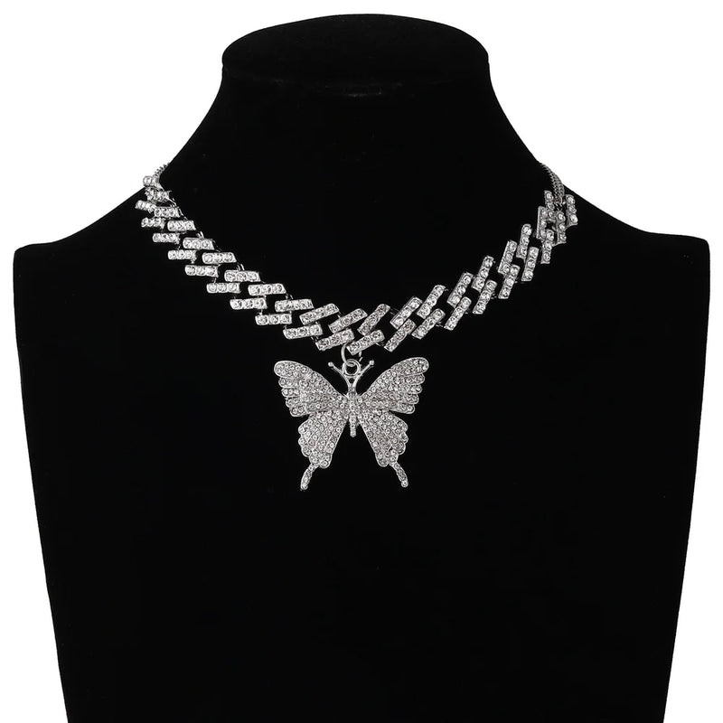 Butterfly Necklace Cuban Link Chain Rhinestone Choker Y2k Jewelry