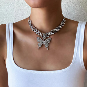 Butterfly Necklace Cuban Link Chain Rhinestone Choker Y2k Jewelry