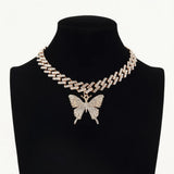 Butterfly Necklace Pendent Cuban Link Chain Rhinestone Choker Jewelry