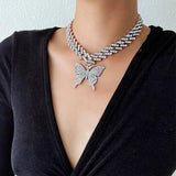 Butterfly Necklace Pendent Cuban Link Chain Rhinestone Choker Jewelry