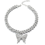 Butterfly Necklace Pendent Cuban Link Chain Rhinestone Choker Jewelry