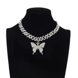 Butterfly Necklace Pendent Cuban Link Chain Rhinestone Choker Jewelry