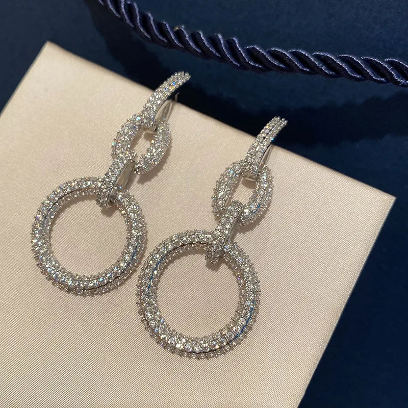 Big Circle Earrings 925 Silver Women's Chain Cubic Zircon Wedding Party Gift
