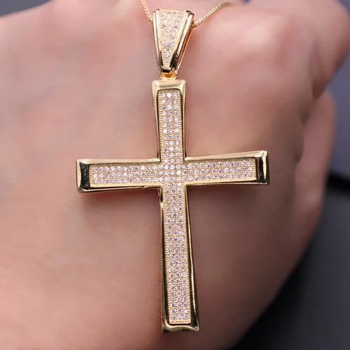 Big Cross Pendant Necklace Full Paved Cubic Zirconia Stone Chain Max Necklace