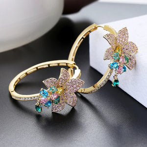 Big Flower Hoop Earring for Women with Cubic Zirconia Plating