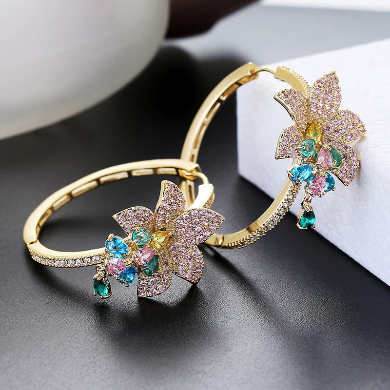 Big Flower Hoop Earring for Women with Cubic Zirconia Plating