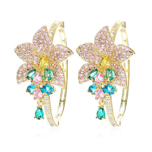Big Flower Hoop Earring for Women with Cubic Zirconia Plating