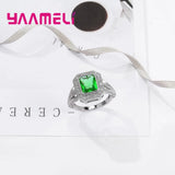 Green Crystal Rhinestone Silver Needle Ring for Women Wedding Party