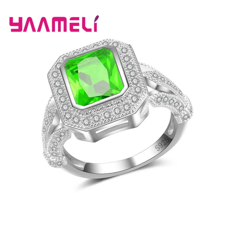 Green Crystal Rhinestone Silver Needle Ring for Women Wedding Party