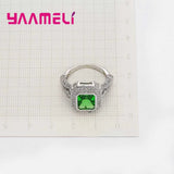 Green Crystal Rhinestone Silver Needle Ring for Women Wedding Party