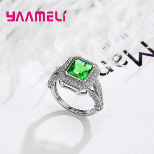 Green Crystal Rhinestone Silver Needle Ring for Women Wedding Party