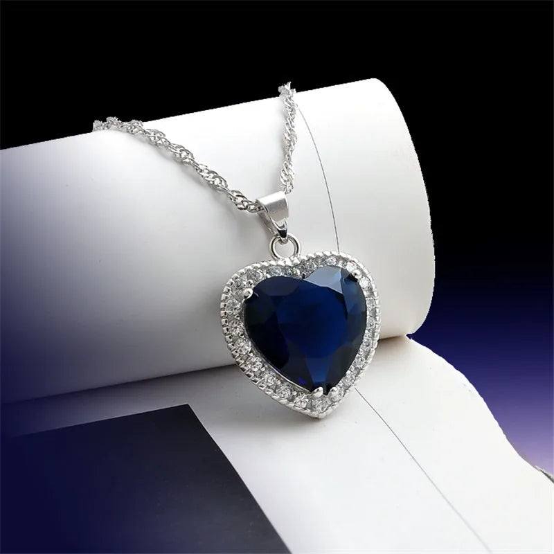 Big Heart Sapphire Diamond Pendant 925 Sterling Silver Charm