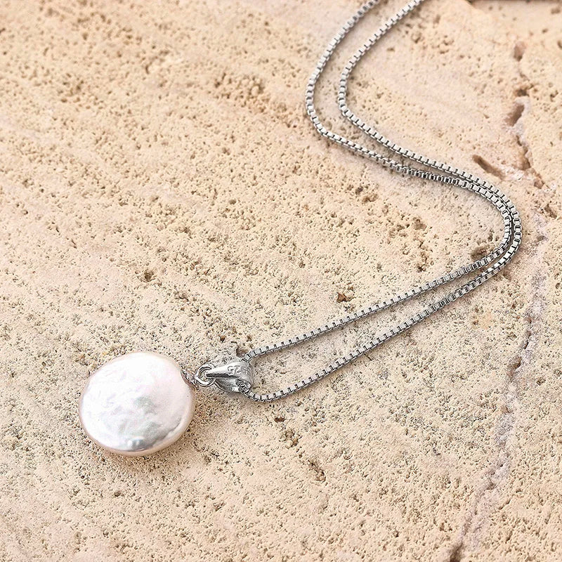 Sterling Silver Coin Necklace with Freshwater Pearl Pendant