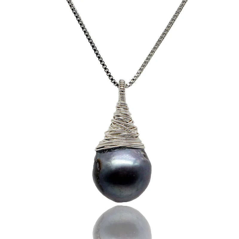 Baroque Silver Wire Woven Pearl Pendant Necklace