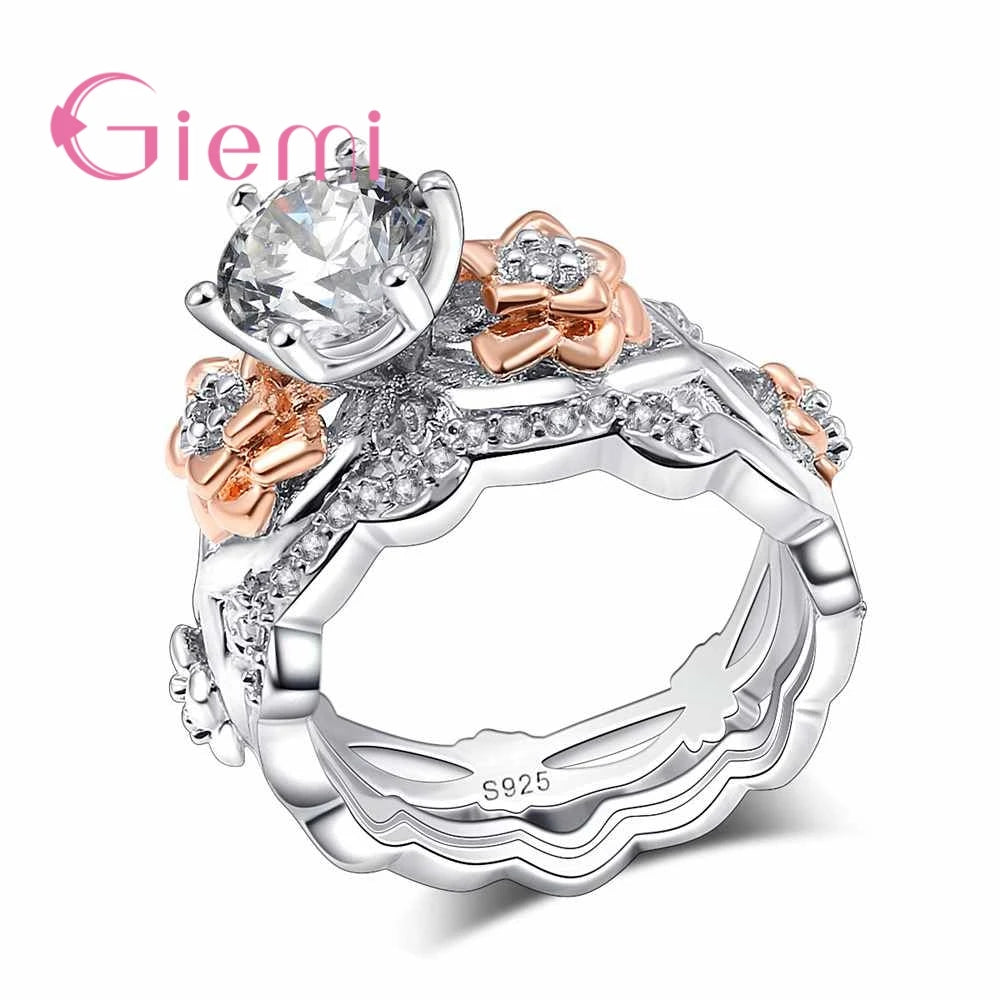 Vintage CZ Flower Engagement Ring 925 Sterling Silver Wedding Female Bague