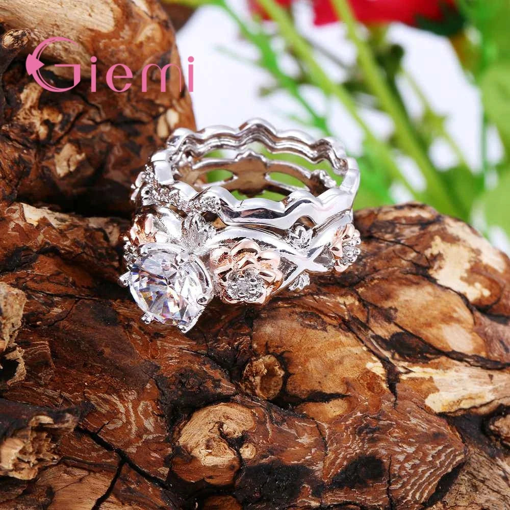 Vintage CZ Flower Engagement Ring 925 Sterling Silver Wedding Female Bague