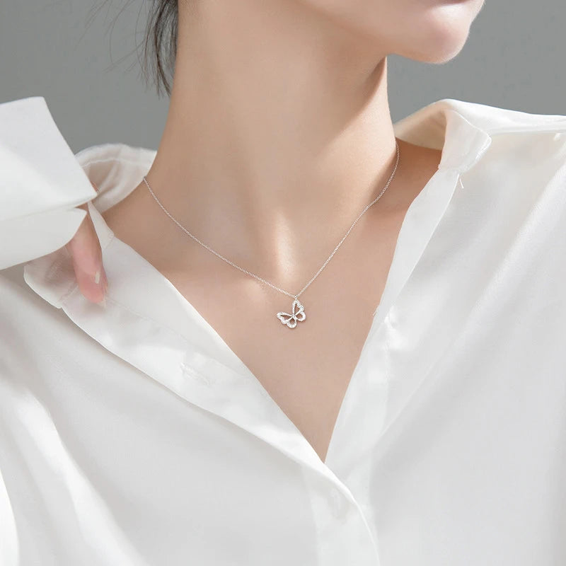 925 Silver Butterfly Pendant Necklace With Crystal for Women
