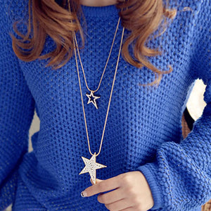 Rhinestone Star Pendant Necklace 2 Layered Sweater Chain