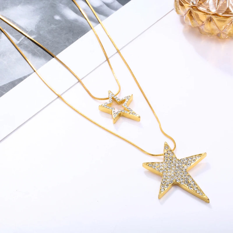 Rhinestone Star Pendant Necklace 2 Layered Sweater Chain