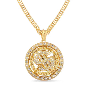 Rotatable US Dollar Money Sign Pendant Necklace Rapper Hip Hop Punk Chain
