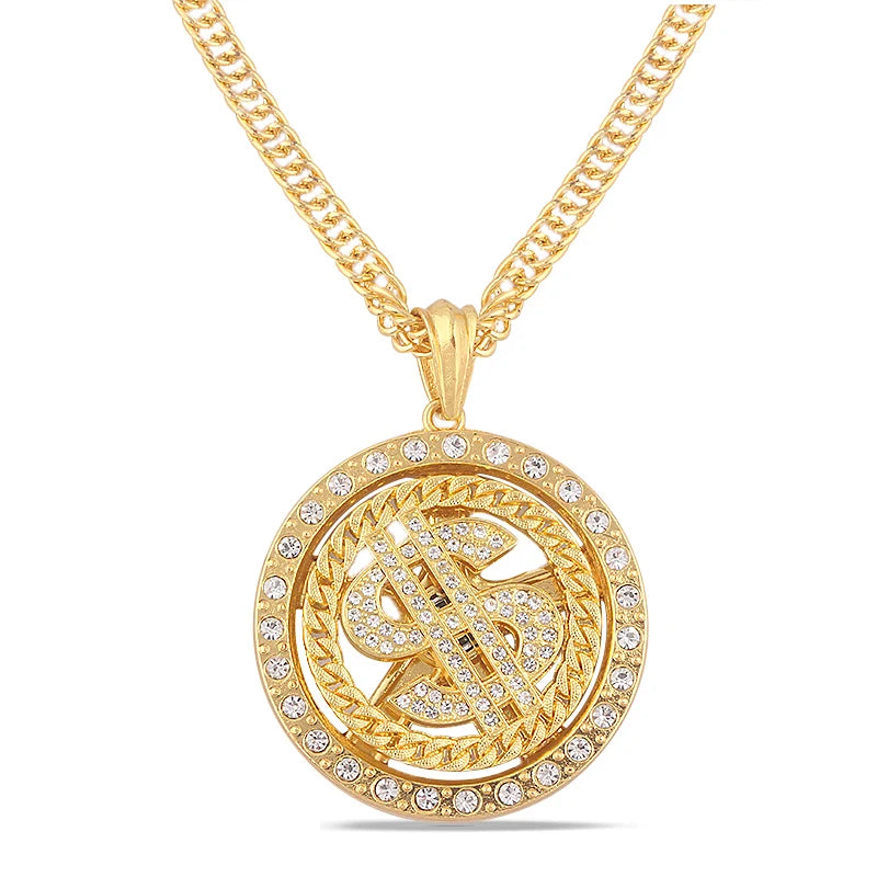 Rotatable US Dollar Money Sign Pendant Necklace Rapper Hip Hop Punk Chain