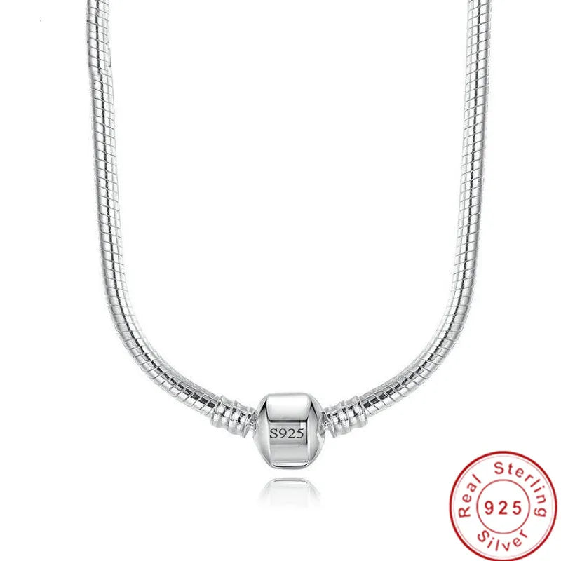 925 Sterling Silver Snake Chain Necklace Ball Clasp Beads Charms For Women