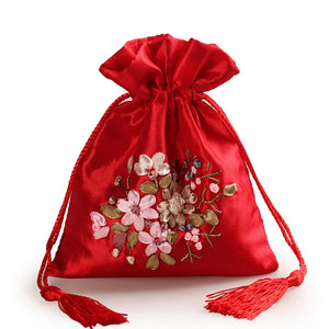 Satin Drawstring Jewelry Pouch Embroidery Gift Bags 2pcs/lot