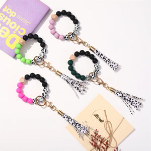 Silicone Bead Wood Charm Bracelet Leather Tassel
