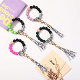 Silicone Bead Wood Charm Bracelet Leather Tassel
