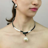 Simulated Pearl Pendant Metal Choker Necklace for Women