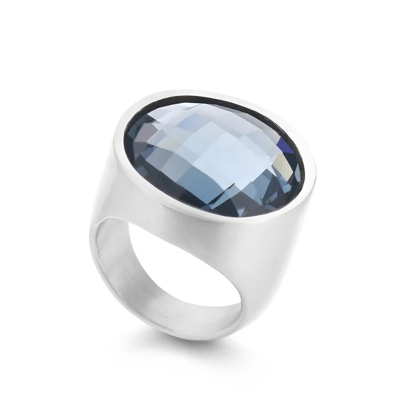 Big Size Engagement Rings Stainless Steel Silver K with Grey Green Stone