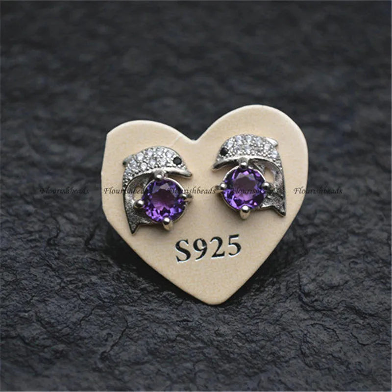 Natural Gemstone Dolphin Stud Earrings 925 Silver Jewelry