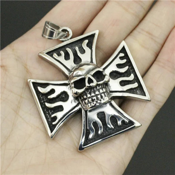 Fire Ghost Skull Pendant Stainless Steel Biker Style Cross Man Pendant