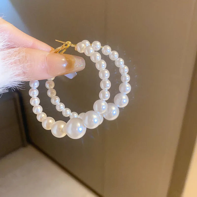 Geometric Circle Pearl Beaded Hoop Earrings for Women