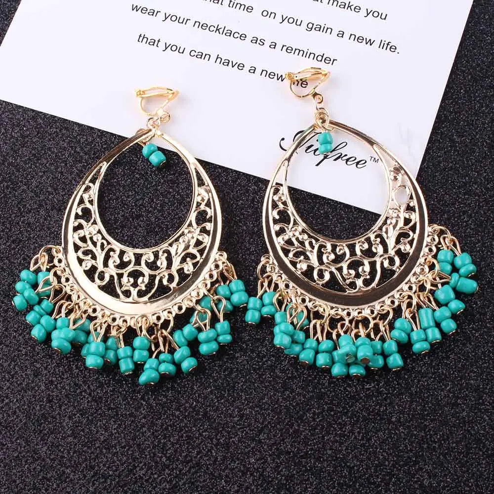 Retro Vintage Beads Clip On Earrings for Women