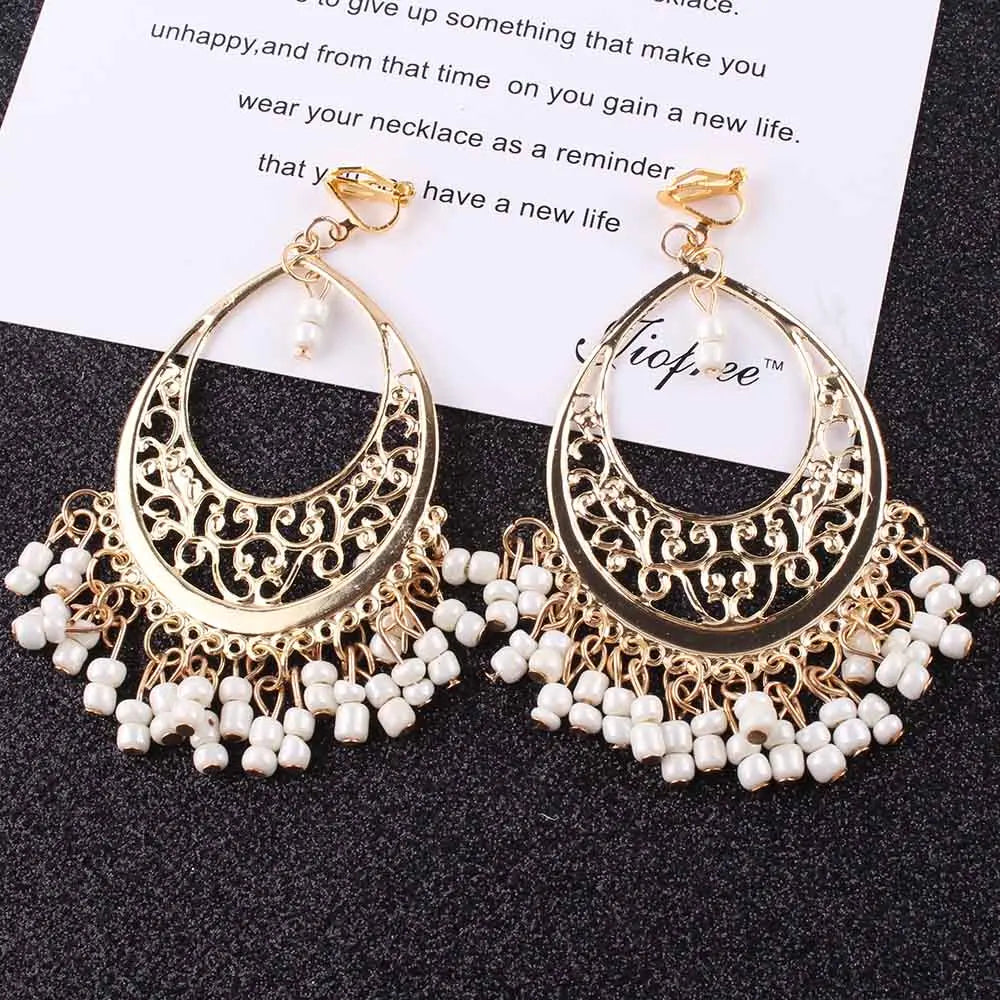 Retro Vintage Beads Clip On Earrings for Women