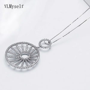 925 Sterling Silver Pave Crystal Round Pendant Necklace