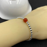 925 Sterling Silver Ball Amber Agate Elastical Bracelet Women Girls Lover Gift