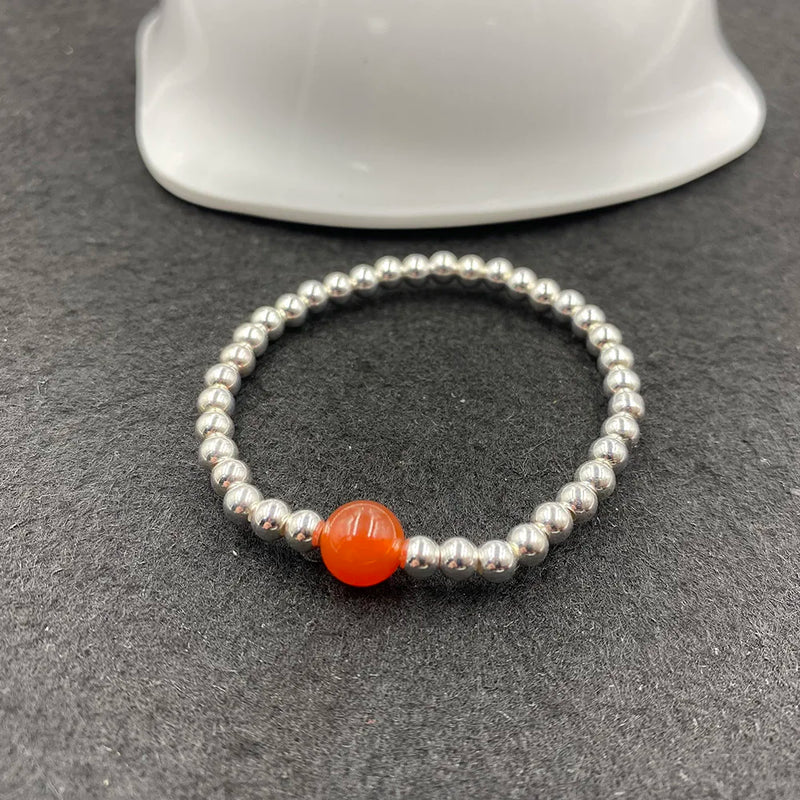 925 Sterling Silver Ball Amber Agate Elastical Bracelet Women Girls Lover Gift