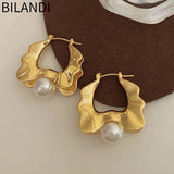 Bilandi Geometric Metal Drop Earrings with Simulated Pearl