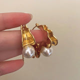 Bilandi Geometric Metal Drop Earrings with Simulated Pearl