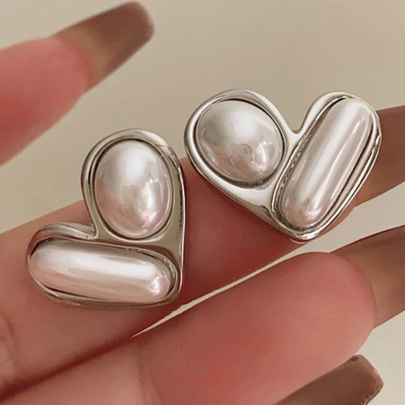 925 Silver Heart Stud Earrings with Simulated Pearl - Party Gift