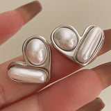 925 Silver Heart Stud Earrings with Simulated Pearl - Party Gift