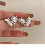 925 Silver Heart Stud Earrings with Simulated Pearl - Party Gift